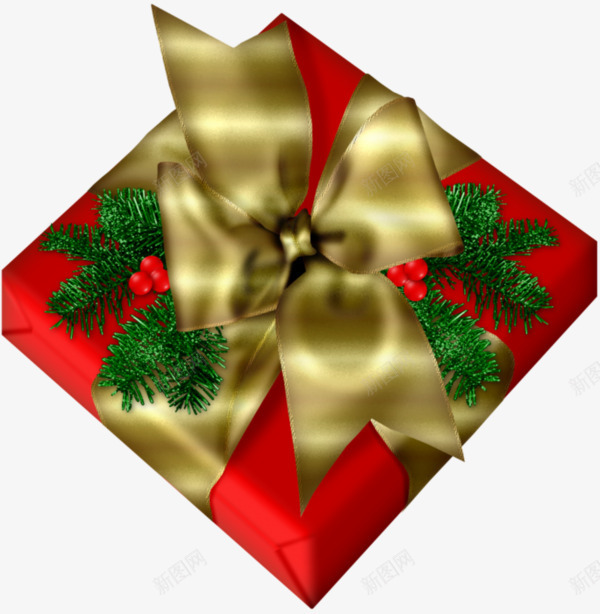 卡通红色圣诞礼物盒png免抠素材_88icon https://88icon.com 卡通手绘 松树叶子 红色礼盒 金色蝴蝶结丝带