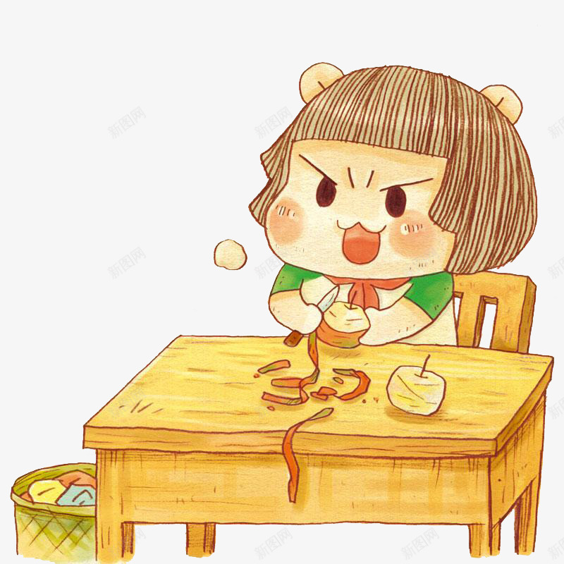 可爱的小女孩png免抠素材_88icon https://88icon.com 儿时的回忆 削皮 卡通 小女孩 小时候 桌子 简笔 苹果