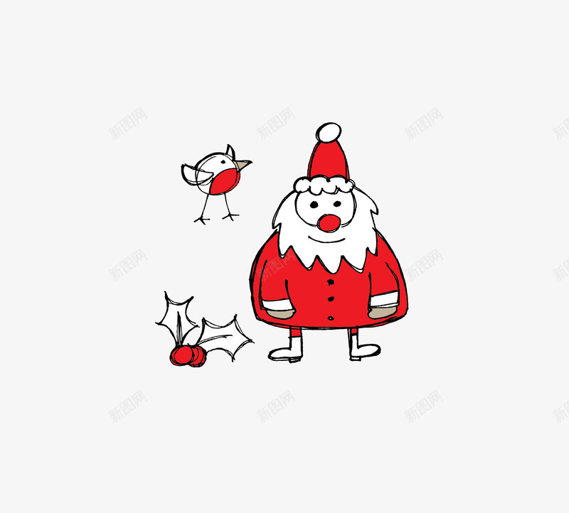 卡通圣诞节元素线稿矢量图ai免抠素材_88icon https://88icon.com 卡通圣诞节元素线稿圣诞老人小鸟 矢量图