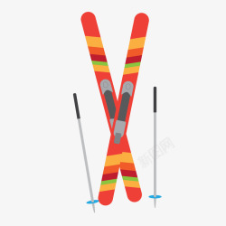 红黄色卡通冬季双板滑雪滑板矢量图素材