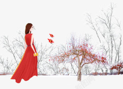 冬季穿红色裙子的女孩素材