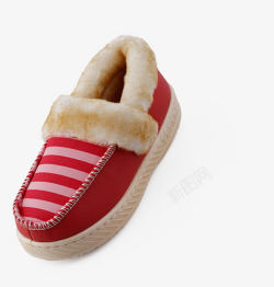 红色条纹冬季棉拖鞋素材
