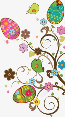 手绘彩蛋花朵植物小鸟素材