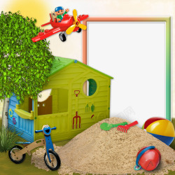 卡通沙地与房子玩具装饰相框素材
