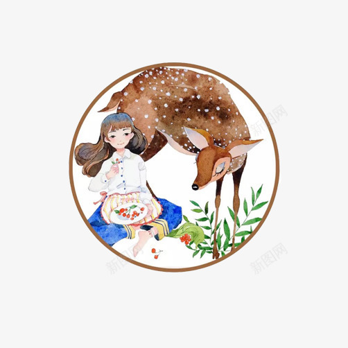 小鹿少女组合装饰png免抠素材_88icon https://88icon.com 圆构图 少女 梅花鹿 装饰画 鹿和少女