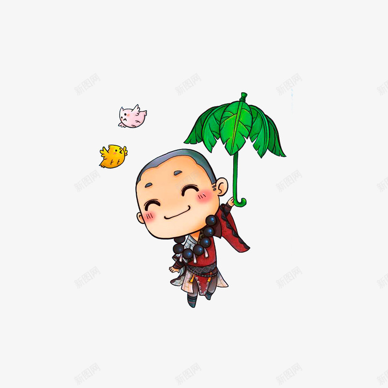 拿着树伞飞天的小和尚png免抠素材_88icon https://88icon.com 卡通小鸟 卡通手绘 手绘小和尚