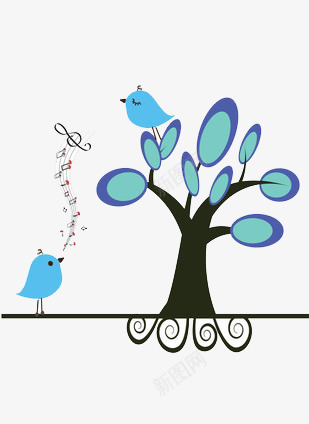 树上的小鸟在听地上的小鸟唱歌png免抠素材_88icon https://88icon.com 卡通 唱歌 小鸟 树