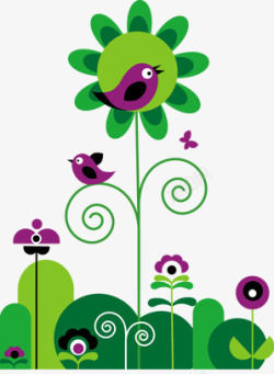 绿色春天时尚可爱小鸟花朵素材