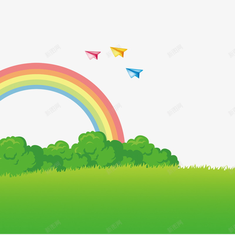 春季png免抠素材_88icon https://88icon.com 儿童节素材 彩虹 树林 纸飞机 纸飞机图案 绿地 草地