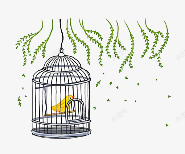 鸟笼里的鸟png免抠素材_88icon https://88icon.com 一只 卡通 小鸟 手绘 灰色 简图 绿色 鸟笼 黄色