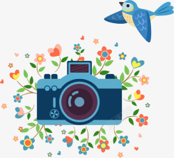 卡通清新花朵相机小鸟素材