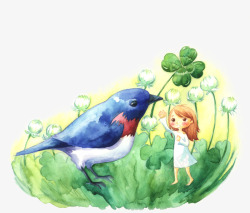 可爱手绘女孩小鸟植物交谈素材