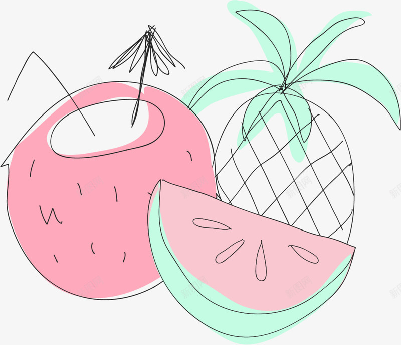 夏季手绘西瓜椰子png免抠素材_88icon https://88icon.com 夏季水果 手绘 手绘西瓜 椰子 椰子汁 绘画 菠萝