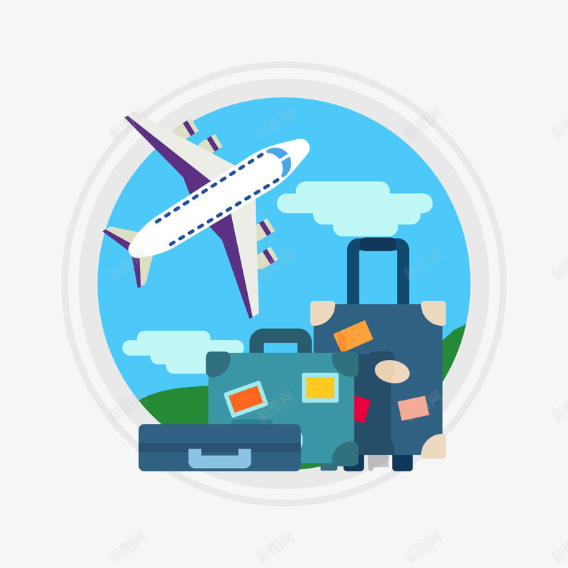 圆形旅行插画矢量图ai免抠素材_88icon https://88icon.com 蓝色 行李箱 飞机 矢量图