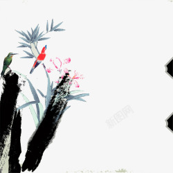 中国风水墨画小鸟竹叶背景素材