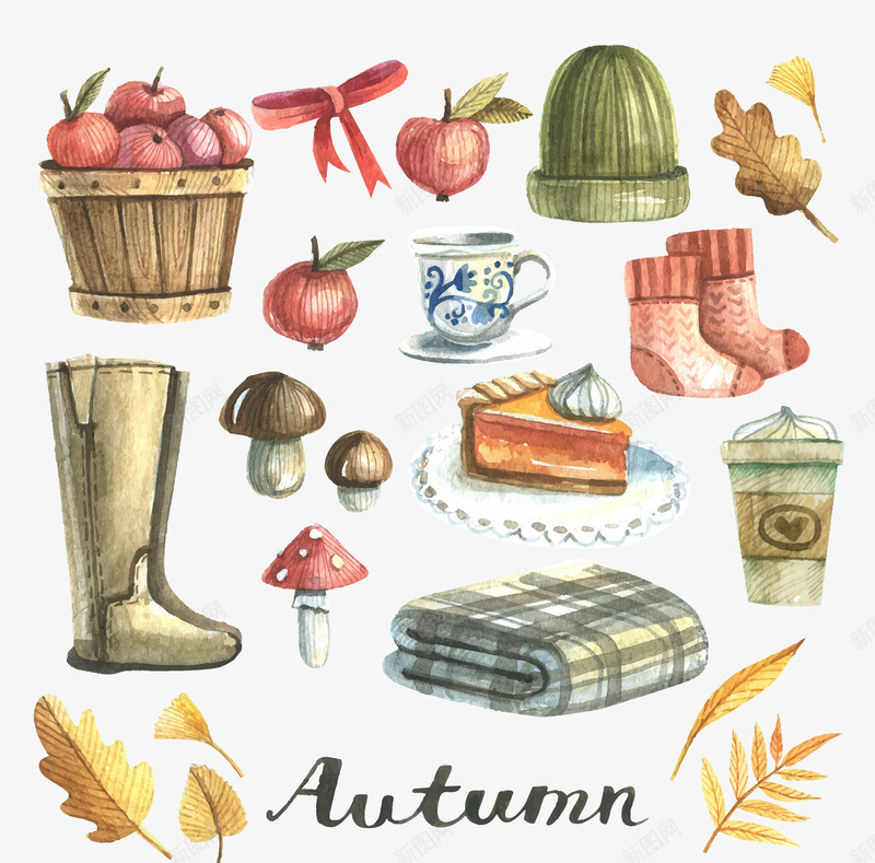水彩秋季装饰元素png免抠素材_88icon https://88icon.com 帽子 水彩 秋季 苹果 蘑菇 袜子 被子 装饰元素 饮品