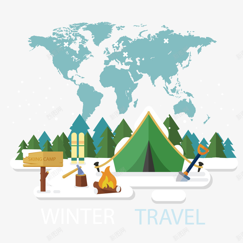 冬季旅游的背景矢量图ai免抠素材_88icon https://88icon.com 地图 帐篷 树木 火 铲子 雪景 矢量图