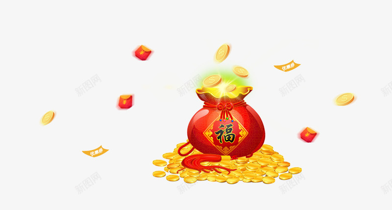 福袋元素png免抠素材_88icon https://88icon.com 新年 炫酷 福袋 红色 金币