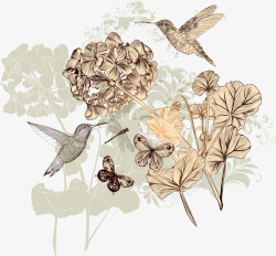 手绘花朵与小鸟矢量图素材