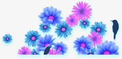 蓝色唯美花朵美景装饰小鸟素材