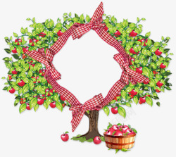 红白格子布条苹果树木桶卡通格子相框高清图片
