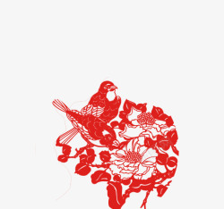 红色小鸟与花剪纸素材