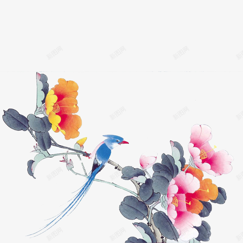 花鸟图png免抠素材_88icon https://88icon.com 中国风 小鸟 橙色 粉色 花朵 花鸟图