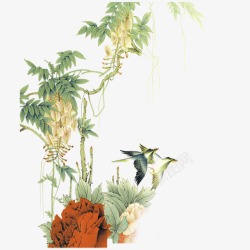 绿色中国画牡丹植物装饰图案素材