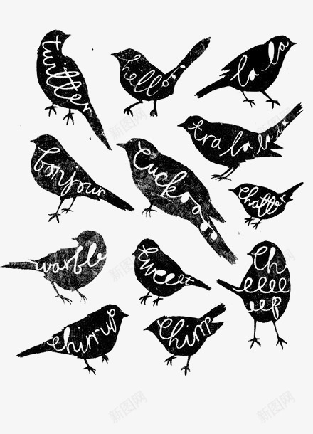 鸟类剪影png免抠素材_88icon https://88icon.com 剪影 卡通小鸟 水彩 英文字母 黑色