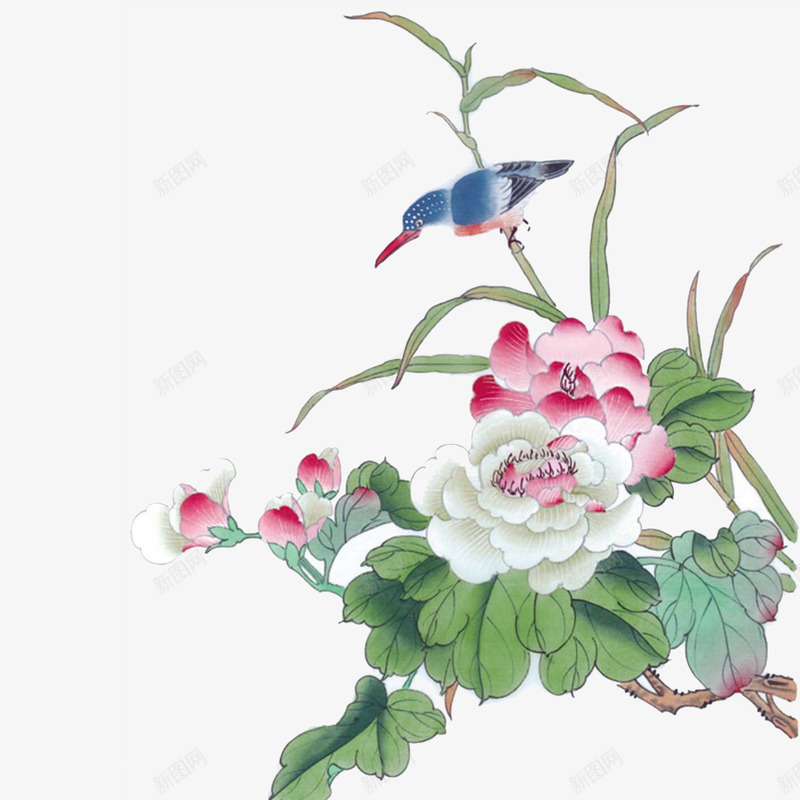 花鸟图png免抠素材_88icon https://88icon.com 中国风 小鸟 白色 粉色 花朵 花鸟图 蓝色