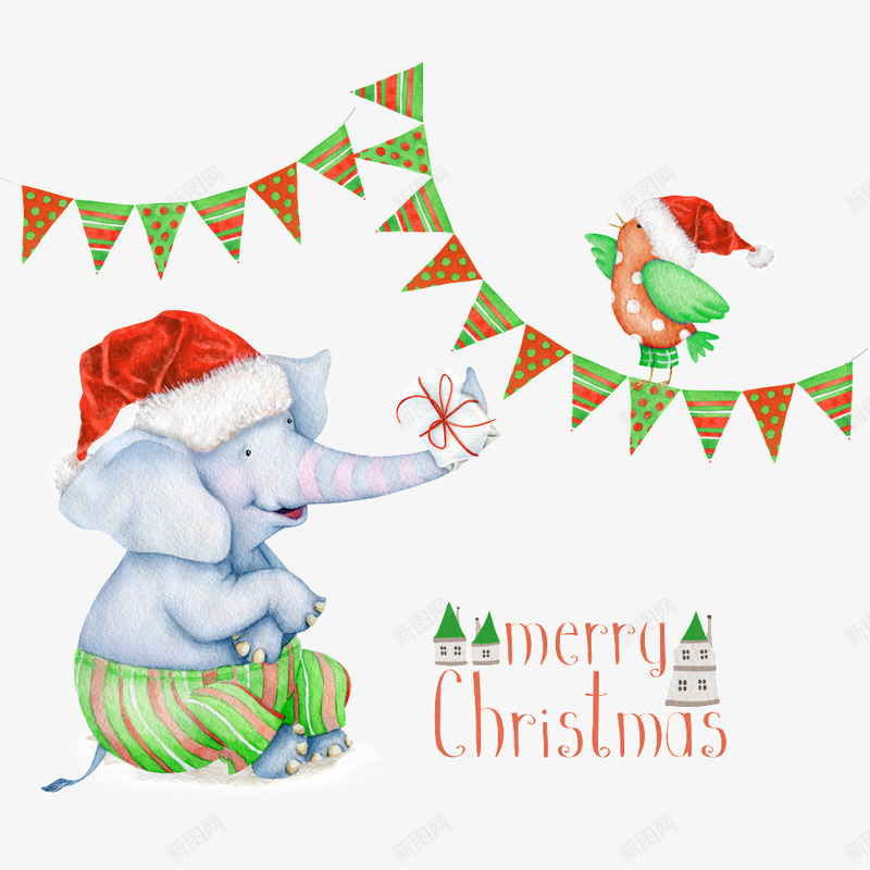 圣诞节动物庆祝png免抠素材_88icon https://88icon.com 动物 圣诞节 大象 小鸟 帽子 庆祝 彩带 红色
