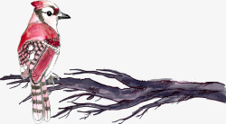 红色手绘水墨小鸟素材
