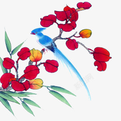 水墨画树枝红色叶子蓝色小鸟素材