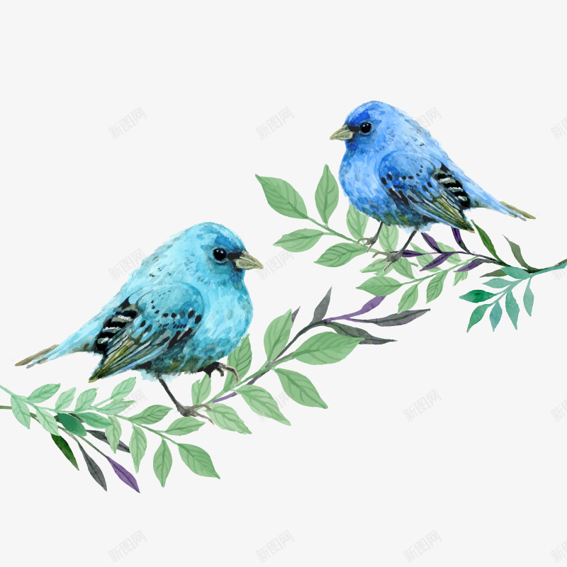 蓝色的鸟png免抠素材_88icon https://88icon.com 两只小鸟 水彩风格 绿叶枝丫