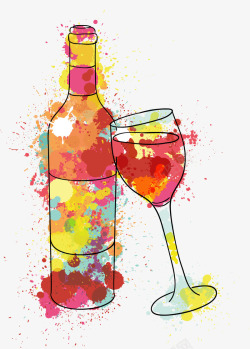 手绘彩色渲染红酒杯和红酒矢量图素材