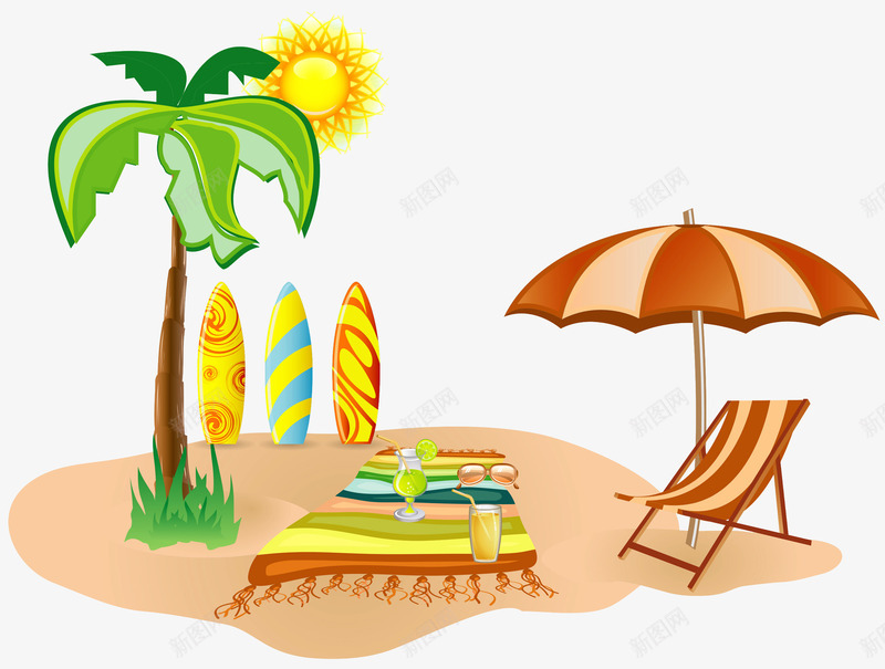 夏季度假海滩卡通png免抠素材_88icon https://88icon.com 休闲 卡通 夏季 度假 椰树 沙滩