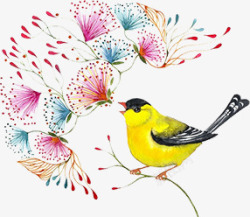 春天水彩手绘小鸟植物素材