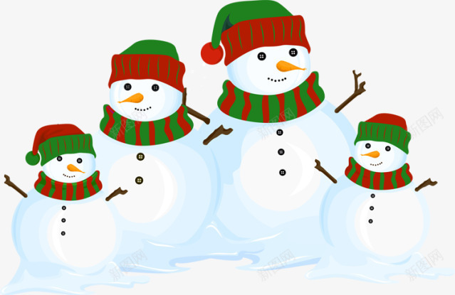 四个小雪人圣诞png免抠素材_88icon https://88icon.com 冬季 双十二 圣诞 戴帽子的小雪人 电商节日 透明