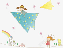 手拿纸坐在纸飞机上飞翔的小女孩高清图片