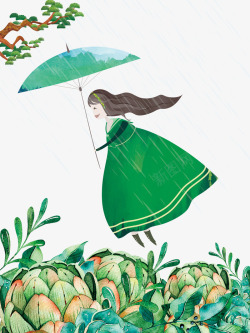 卡通手绘绿色草丛上打伞的女素材