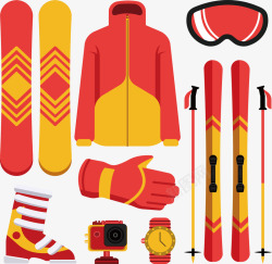红黄色冬季运动装备矢量图素材