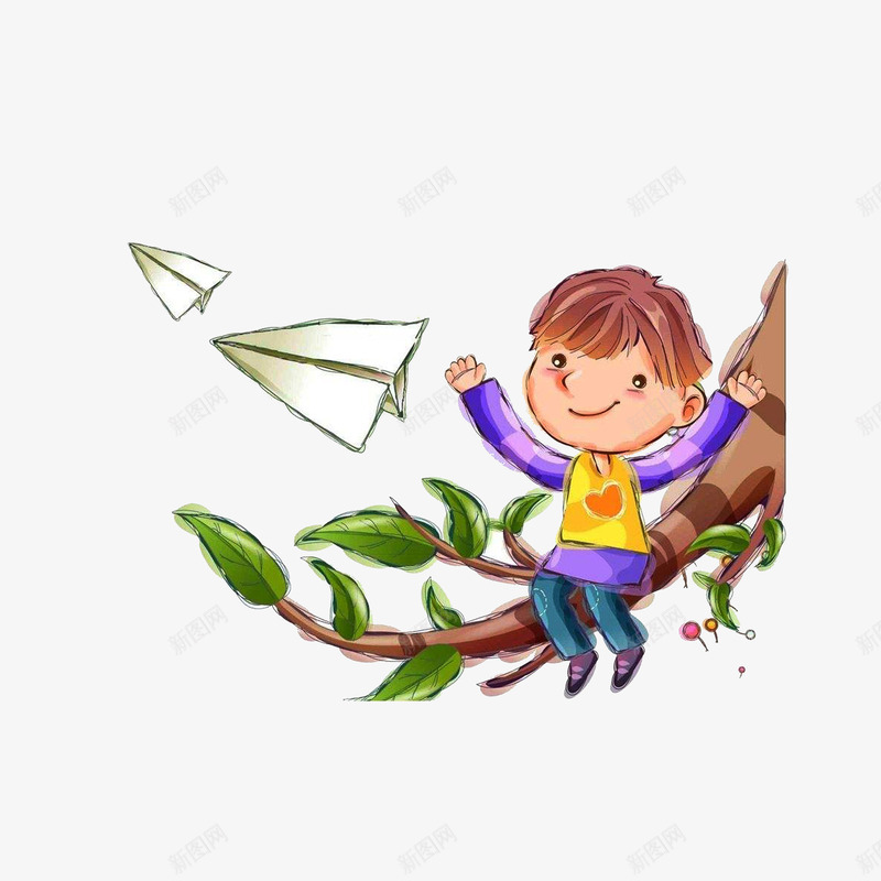 坐在树干上放纸飞机的男孩png免抠素材_88icon https://88icon.com 卡通手绘 坐在树干上放纸飞机的男孩 插画 树下的人