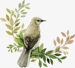 手绘插画在树叶的小鸟矢量图素材