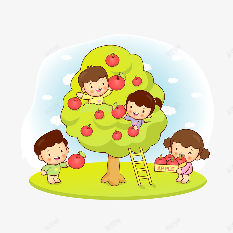 卡通儿童png免抠素材_88icon https://88icon.com 儿童 卡通儿童 卡通儿童插画 可爱 开心 快乐 摘苹果 树 梯子