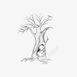 手绘相机里的小女孩躲在树洞里的小女孩高清图片
