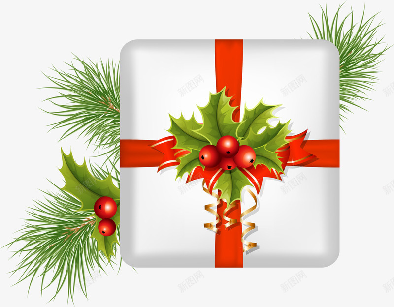 圣诞节圣诞礼物盒png免抠素材_88icon https://88icon.com 冬青装饰 圣诞礼物 圣诞礼物盒 圣诞节礼物 红色丝带 绿色冬青