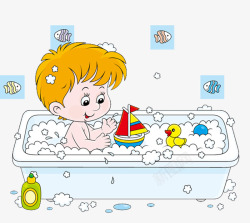 洗泡泡浴的男孩和玩具素材