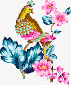 卡通水彩绘画娇艳花卉小鸟素材