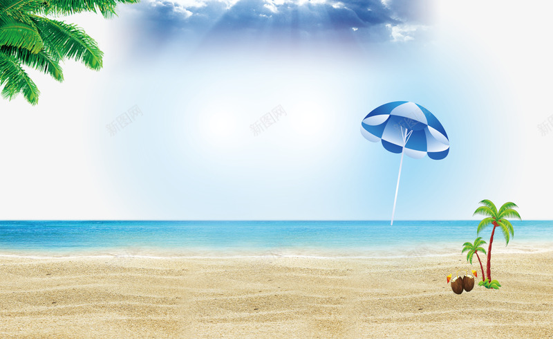 夏季海边png免抠素材_88icon https://88icon.com 椰子壳 椰子树 沙滩 遮阳伞