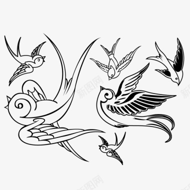 手绘各种飞姿的鸟矢量图图标图标